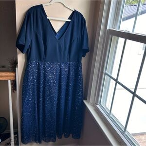 Navy V Neckline Midi Flare Shimmer Dress